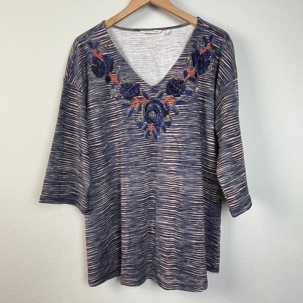 Soft Surroundings Embellished V Neck‎ Pullover Top Shirt XL Blue Pink Stripe